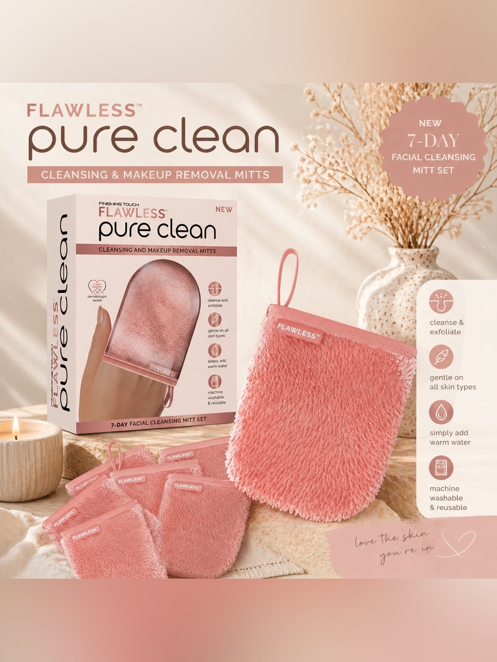 Flawless Pure Clean Cleansing Makeup Removal Mitt - Dusty Pink